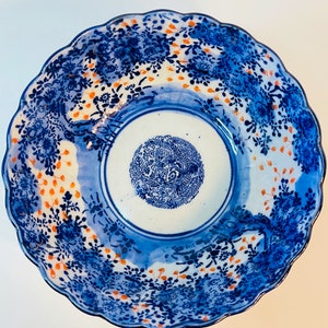 Chinoiserie Flow Blue Bowl with touches of Orange and Gold - 6 1/8” - Chinese Bowl, Chinoiserie Bowl, Flow Blue Bowl