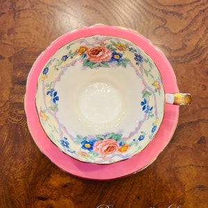 AYNSLEY Cup and Saucer - Pink with Interior Florals - Pink Rose with Lilac Flower Garland - Gold Gilt  – England