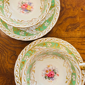 ROYAL CROWN DERBY English Cup & Saucer Green with gold features and center floral medallion C1921-1965 - Set of 2