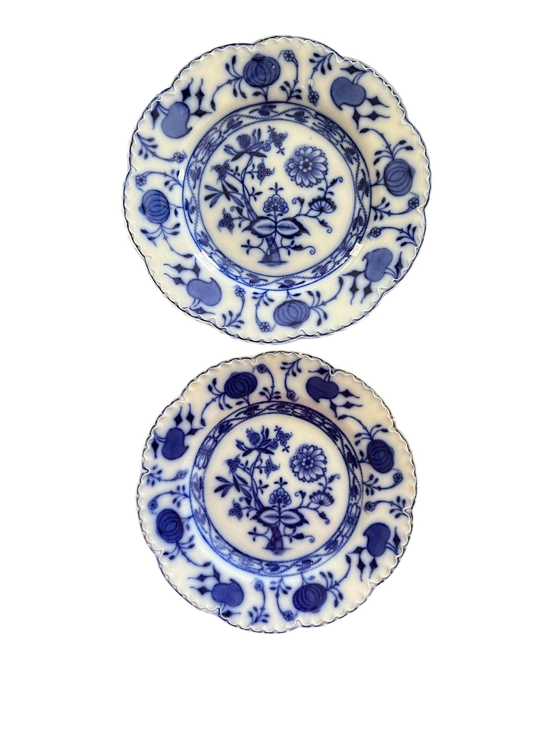 Flow Blue China Plates: Johnson Bros Holland Blue Onion, Set of 2