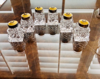 Norweigian Guilloche Enameled Crystal Salt & Pepper Shakers Yellow/Gold PAIR (Sterling Tops)