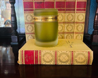 French Opaline Cylinder Hinged Vessel -Green Frosted with Brass Accents - 3&quot; Tall