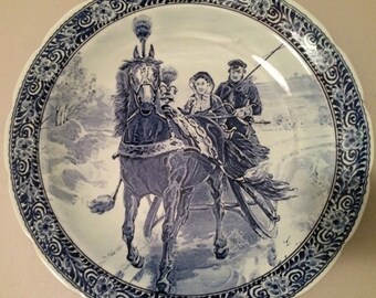 15 1/2" Delfts Blue & White Charger - Horse Drawn Sleigh - Royal Sphinx, Maastricht (Petrus Regout)