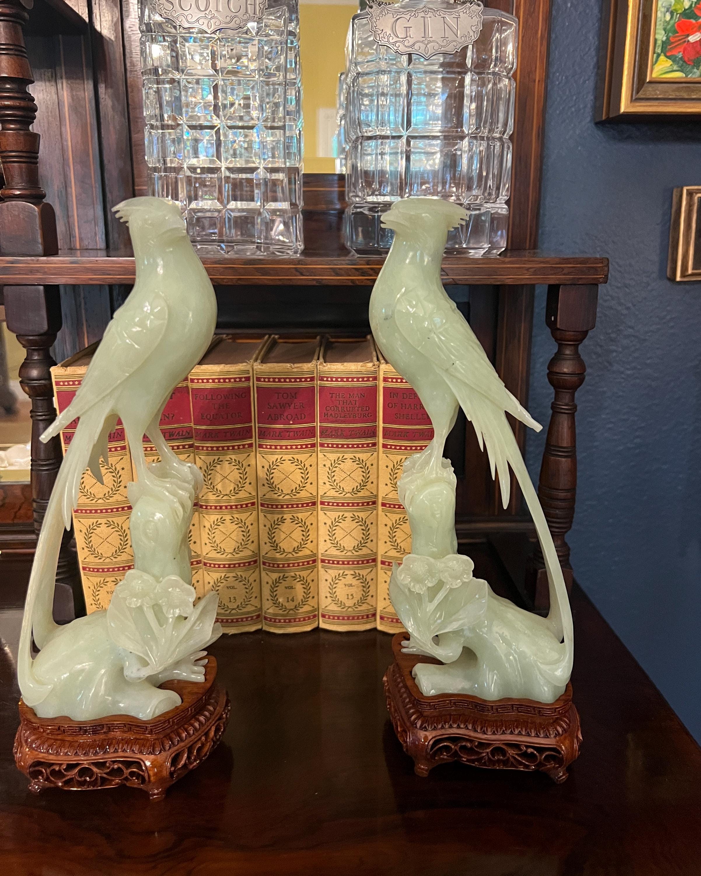 9" Green Perched Pheasant Sculptures with individually Carved Out Stands in Original  Fitted Box