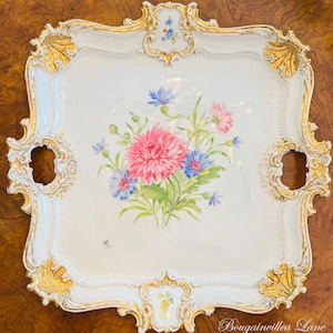 MEISSEN Tray/Platter Center Polychrome Bouquet Gold Gilded Rocaille Shells 15 3/4” x 16” 19th/early 20th Century