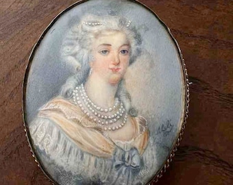 Victorian Hand Painted Oval Portrait of Young Woman.  Signed lower right  - Wall Hanging, Brooch 3” x 2 3/5”  Miniature Portrait