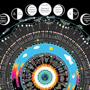 Calendario Luna Sol 2025 con el zodíaco, las fases lunares y los ciclos circadianos (astrología, astronomía)