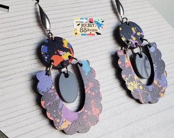 Colorful Geometric Paint Splatter WOOD and Glossy Black ACRYLIC Dangle Earrings Laser Cut Jewelry