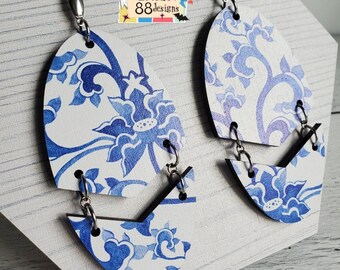 Vintage Antique Blue China Pattern WOOD Dangle Earrings Laser Cut Jewelry Floral Victorian Flourish Blue and white Oversized BIG Statement