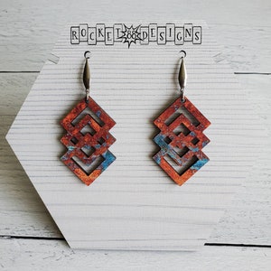 Copper Patina WOOD Dangle Earrings Laser cut Rusty Metal  Rust Colored Southern Southwestern Geometric Arrows Triangles