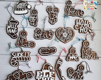 Naughty Funny Walnut & Maple Wood Gingerbread Cookie Ornaments