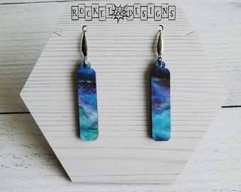 Abalone Galaxy Rectangle WOOD Dangle Earrings Laser Cut Night Sky Galaxy Space