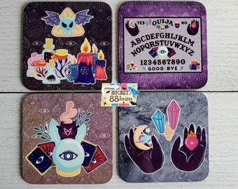 Full Color Glossy set of 4 Witch Mystical Occult Ouija Fortune Coasters Candles Pentagram Crystals Moon stars Gothic Witchy Halloween