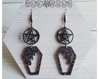 Spider Web Pentagram Drippy Coffin Laser Cut Wood & Acrylic Dangle Earrings Mystical Occult Witchy Gothic Punk Rock Goth Pentacle Halloween