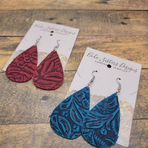 Handmade Genuine Embossed Leather Teardrop Earrings