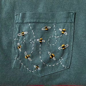 Bumblebees Hand-Embroidered Pocket Tee Shirt Unisex Short Sleeve image 1
