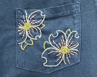 Dogwood Flower Hand-Embroidered Pocket Tee Shirt Unisex Short Sleeve