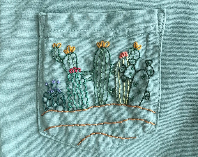 Cactus Hand-embroidered Pocket Tee Shirt Unisex Short Sleeve - Etsy