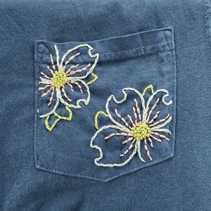 Dogwood Flower Hand-Embroidered Pocket Tee Shirt Unisex Short Sleeve