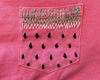 Watermelon Hand-Embroidered Pocket Tee Shirt Unisex Short Sleeve