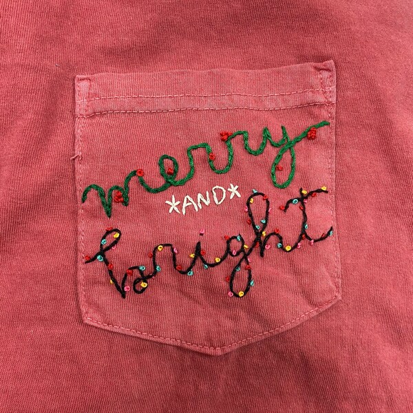 Merry & Bright Hand-Embroidered Pocket Tee Shirt Unisex