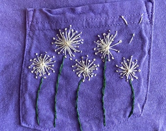 Dandelions Hand-Embroidered Pocket Tee Shirt Unisex Short Sleeve