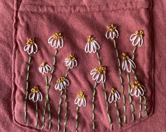 Daisies Hand-Embroidered Pocket Tee Shirt Unisex Short Sleeve