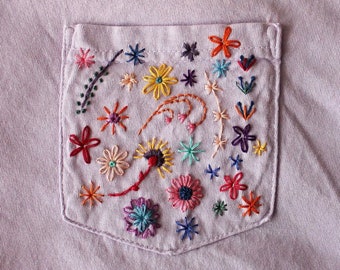 Wildflowers Hand Embroidered Pocket Tee Shirt Unisex Short Sleeve