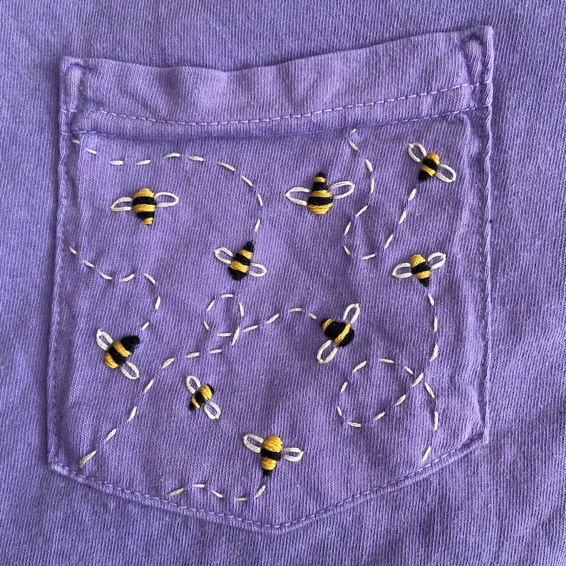 Bumblebees Hand-Embroidered Pocket Tee Shirt Unisex Short Sleeve image 6