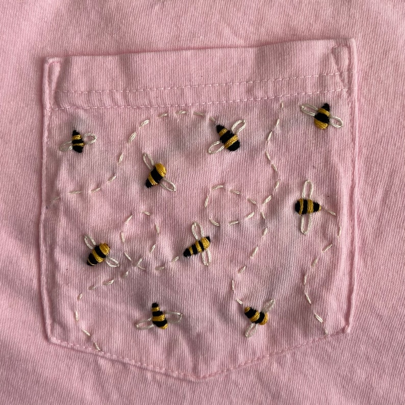 Bumblebees Hand-Embroidered Pocket Tee Shirt Unisex Short Sleeve image 2