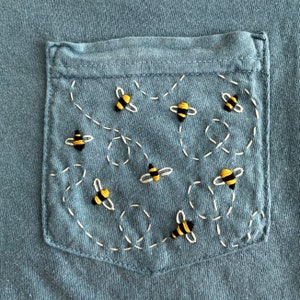 Bumblebees Hand-Embroidered Pocket Tee Shirt Unisex Short Sleeve image 3