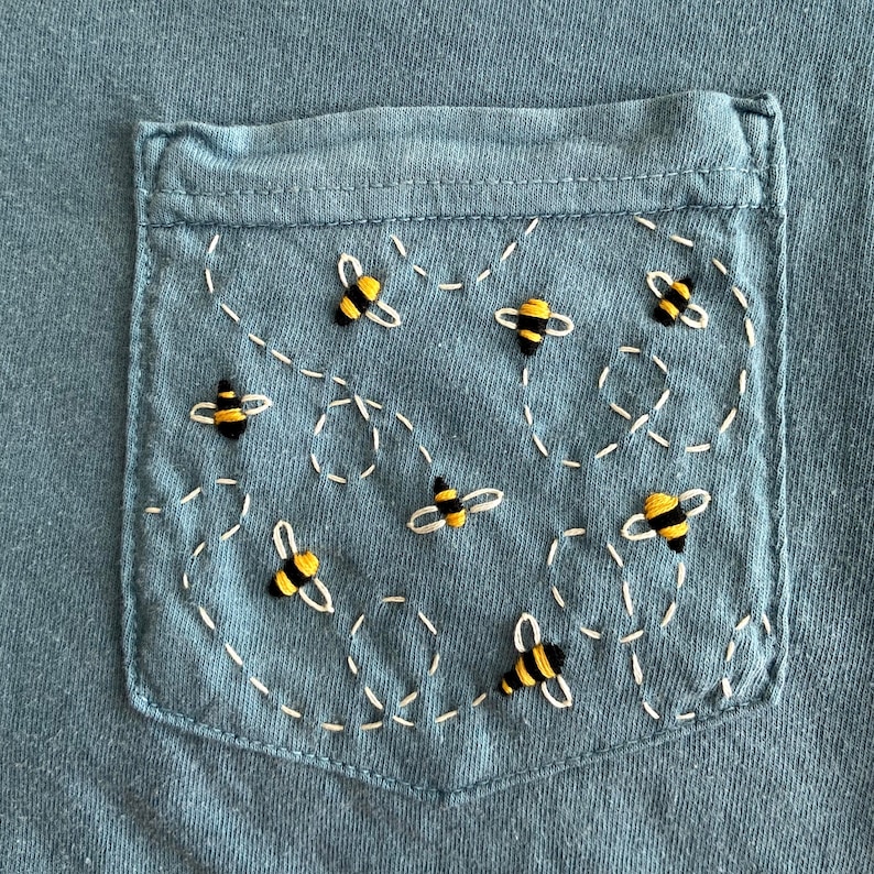 Bumblebees Hand-Embroidered Pocket Tee Shirt Unisex Short Sleeve image 3