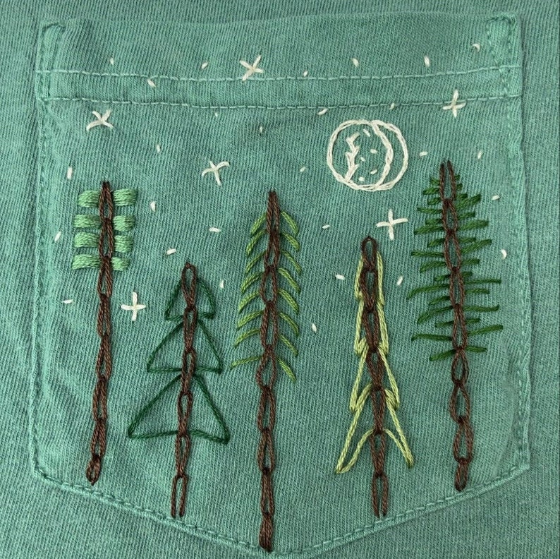 Spruce Trees Hand-Embroidered Pocket Tee Shirt Unisex Short Sleeve image 7