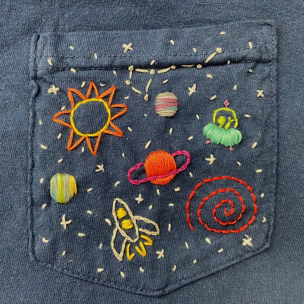 Outer Space Hand-Embroidered Pocket Tee Shirt Unisex Short Sleeve