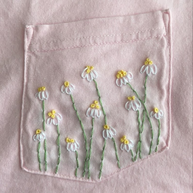 Daisies Handembroidered Pocket Tee Shirt Unisex Short Sleeve Etsy