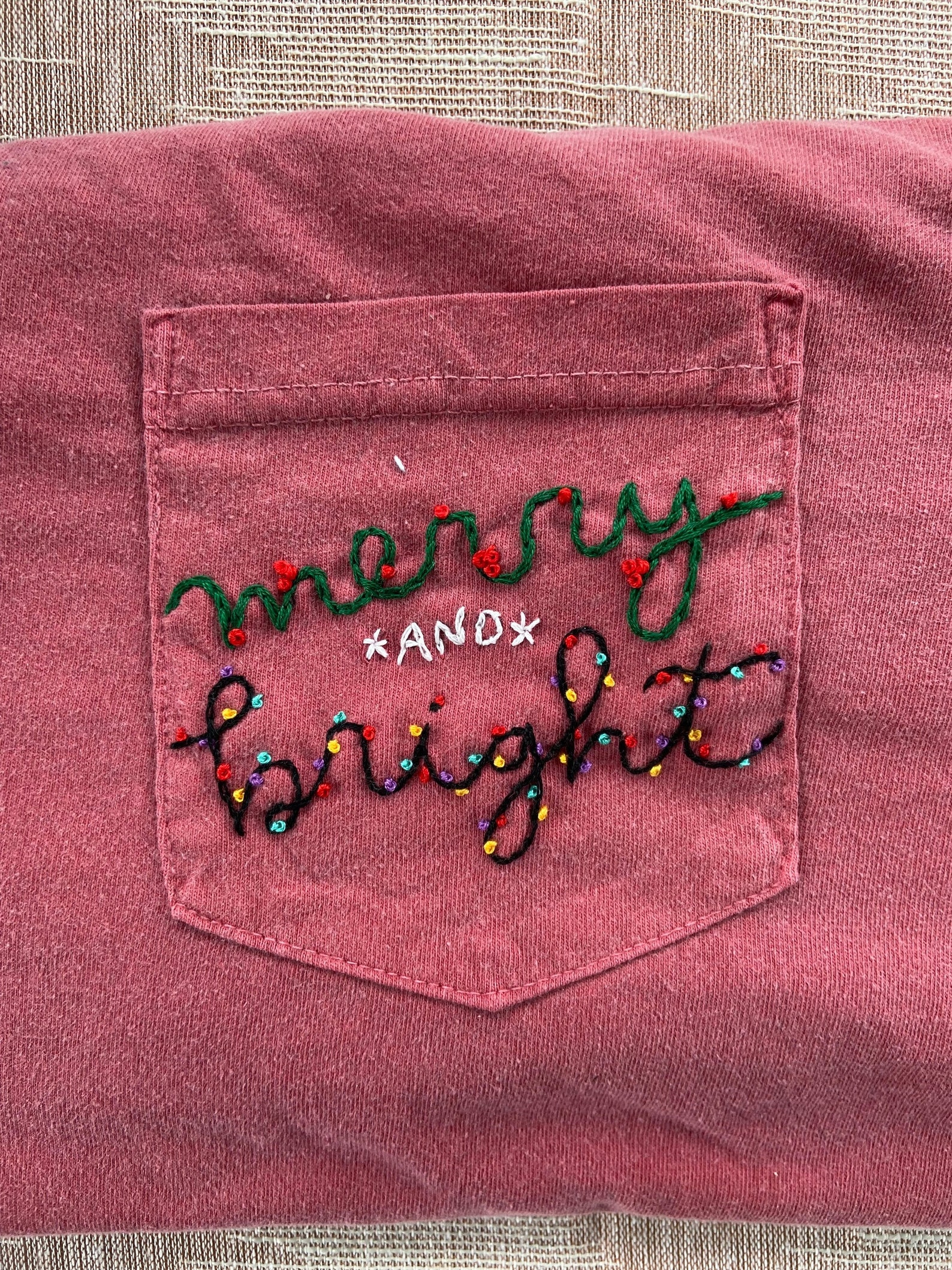 Merry & Bright Handembroidered Pocket Tee Shirt Unisex Etsy