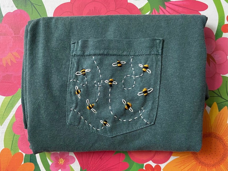 Bumblebees Hand-Embroidered Pocket Tee Shirt Unisex Short Sleeve image 1