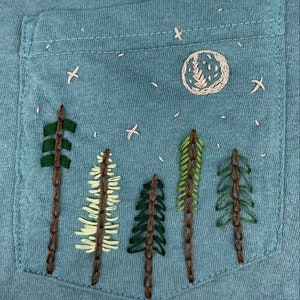 Spruce Trees Hand-Embroidered Pocket Tee Shirt Unisex Short Sleeve image 5