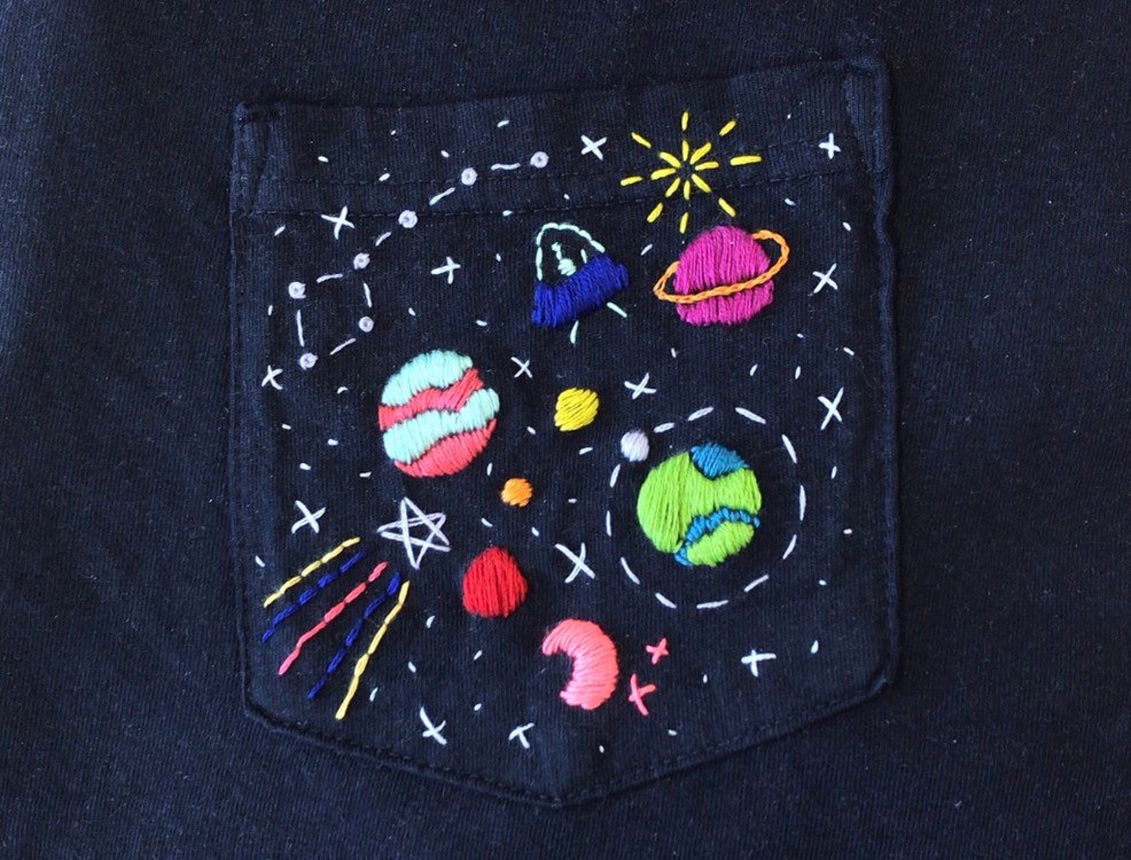 Outer Space Hand-embroidered Pocket Tee Shirt Unisex Short - Etsy