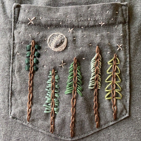 Spruce Trees Hand-Embroidered Pocket Tee Shirt Unisex Short Sleeve