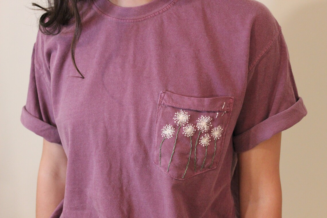 Dandelions Handembroidered Pocket Tee Shirt Unisex Short Etsy