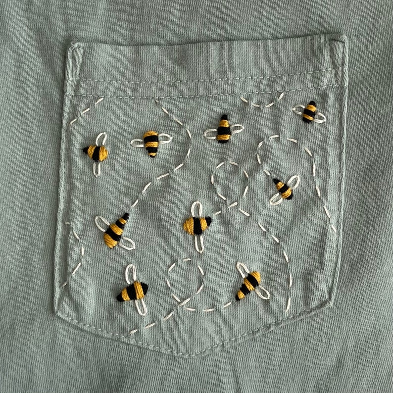 Bumblebees Hand-Embroidered Pocket Tee Shirt Unisex Short Sleeve image 5