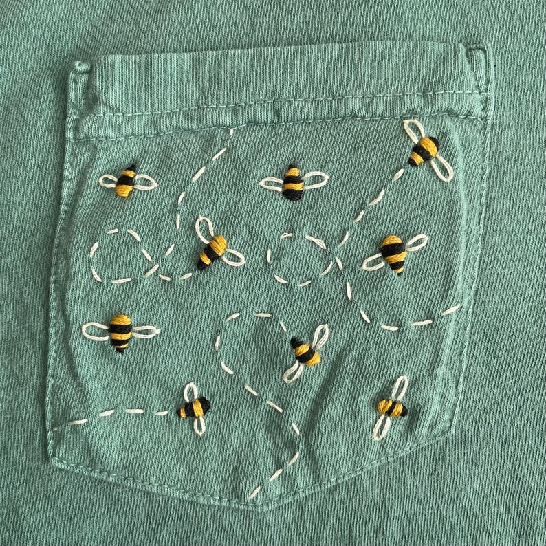 Bumblebees Hand-Embroidered Pocket Tee Shirt Unisex Short Sleeve image 8