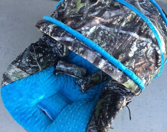 infant car seat cover and hood cover Mossy oak camo w/ lime green minky 
