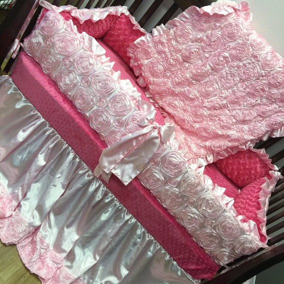 Pink Satin Rosette Crib Set With Fuchsia Minky. Etsy