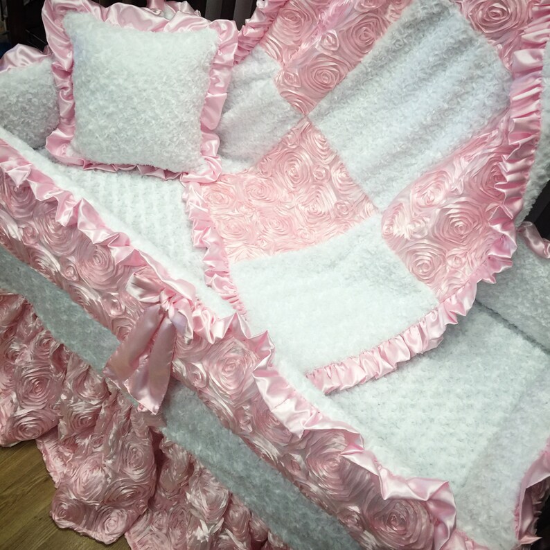 Pink Satin Rosette Crib Set. White Minky Rosebud. Etsy