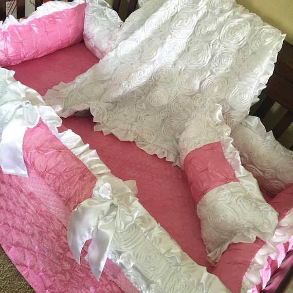 Pink Pintuck satin Rosette Crib Set. Etsy