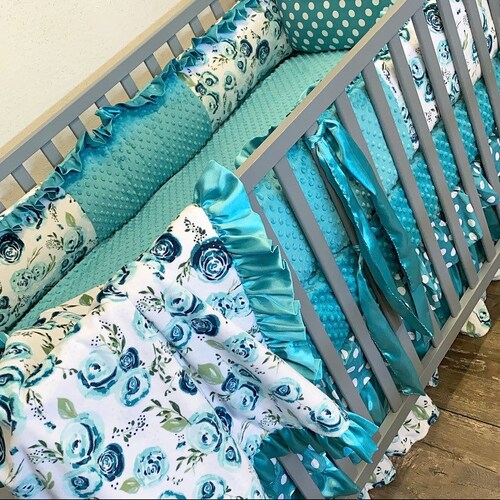 Teal Floral Baby Bedding. Baby Girl Crib Bedding. Floral Crib Etsy
