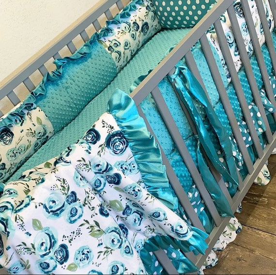 Teal floral baby bedding. Baby girl crib bedding. Floral crib Etsy