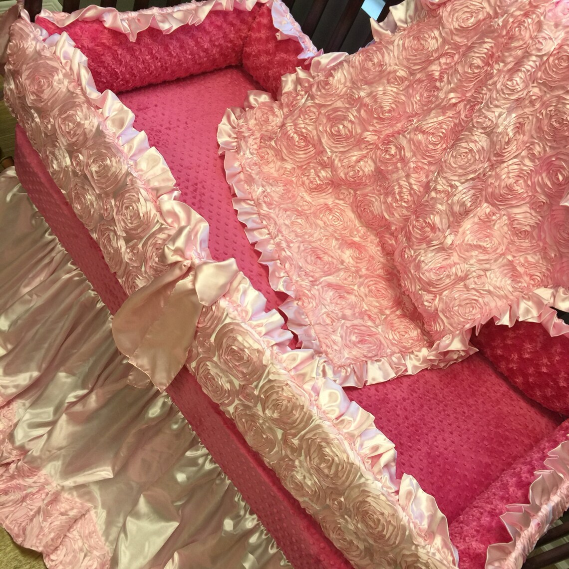 Pink Satin Rosette Crib Set with Fuchsia Minky. Etsy